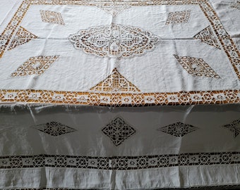 ヴィンテージ リネン テーブルクロス、アンティーク ボビン レース