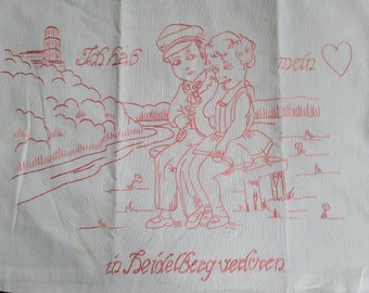 Antique GERMAN Redwork Red Handwork Linen Pillow Cover  I lost my heart in Heidelberg Figural Pillowcase