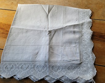 Antique Victorian Linen Tea Cloth: Hemstitched Crochet Lace, Monogrammed (42" Square)
