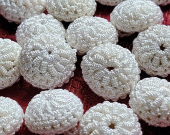 Vintage Hand Crochet Lace Buttons Set of 2 White Passementerie