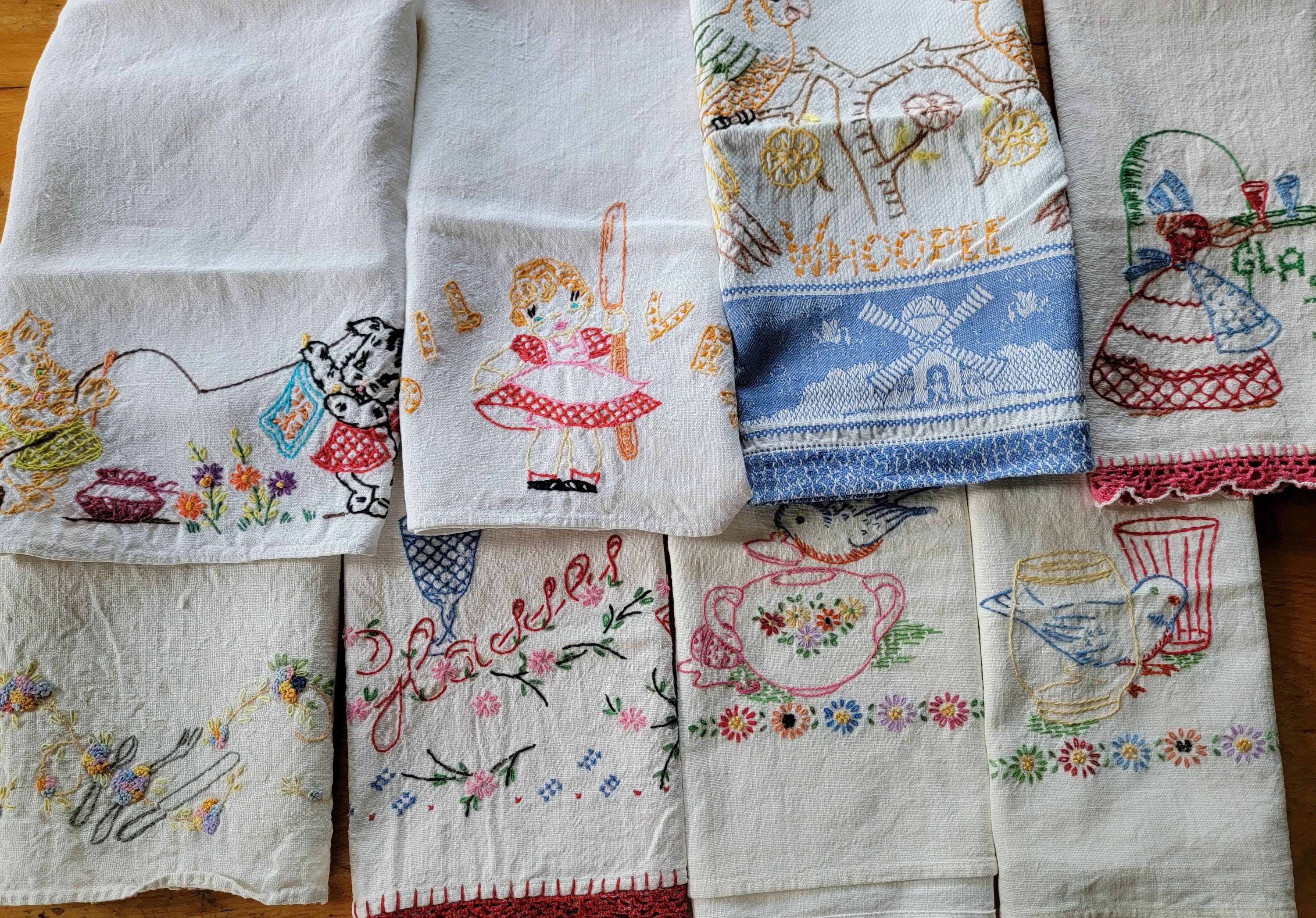 Vintage Embroidered Linen Kitchen Tea Towels - Scotty Dogs, Parrot, Canary Bird, Figural, Floral