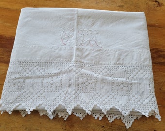 Antique Homespun Linen Center Seam Bed Sheet Blanket Lace Trimmed Monogrammed