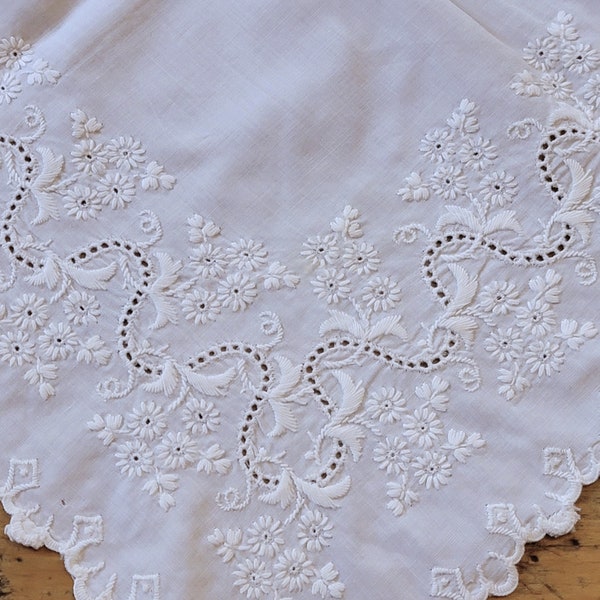 Antique 1840's Hand Embroidered Tablecloth Table Cover Topper Floral 28" square Whitework