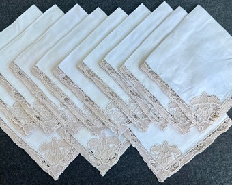 Vintage Italian Needlelace Lace Linen Napkins with Hand Reticella Lace Set of 12 20" square