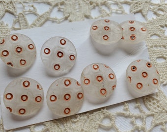 Vintage Painted Czech Glass Buttons~Set of 8 ~ Round Polka Dot Circles Orange