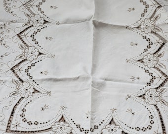 Vintage Madeira Ornately Hand Embroidered Cutwork Linen Tablecloth 68x84 Floral