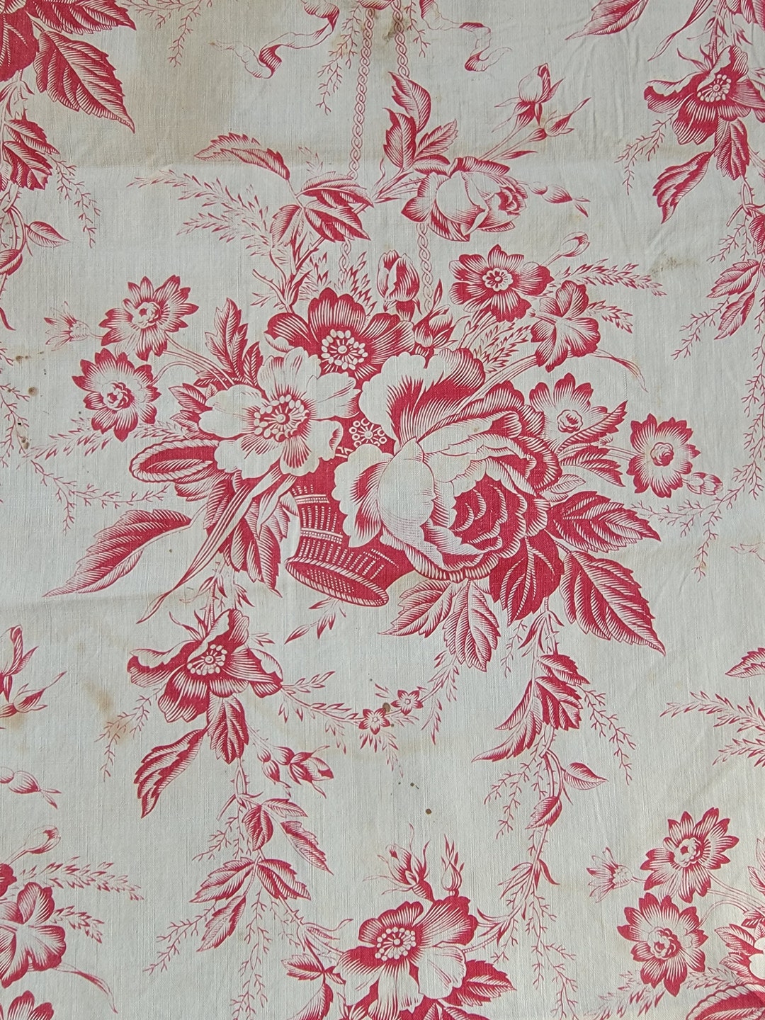 Antique 19th C French Toile Fabric Basket of Roses Flowers 1.5 Yards