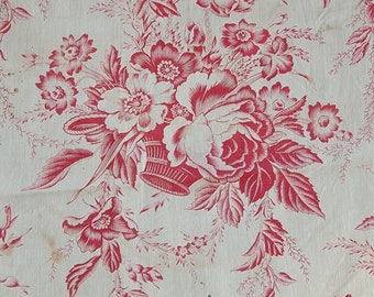 Antique 19th C French Toile Fabric Basket of Roses Flowers 1.5 yards Red Toile Fabric