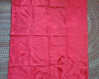 Antique French Red Silk Brocade Fabric: Floral Feather Print, 1870s (32x48)