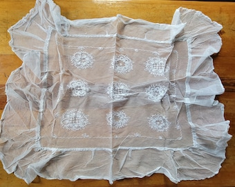 Vintage Tambour Lace Pillow Overlay, Embroidered Net Lace Pillow Overlay, 32x38