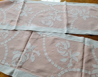 Antique Extra Long Runner Arts & Crafts Hand Applique Salmon Pink White Roses 9ft LONG ~ 2 available