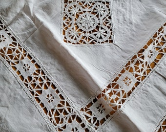 ヴィンテージ リネン テーブルクロス、アンティーク ボビン レース