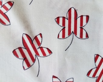 Vintage Red White Stripe Leaf Printed Cotton Fabric 2.6 yards