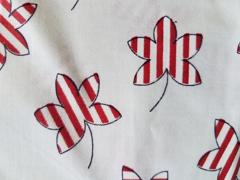 Vintage Red White Stripe Leaf Printed Cotton Fabric 2.6 yards image 1