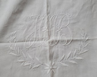 Vintage Embroidered Linen Sheet- 88x108 bed cover Monogrammed H M B Floral