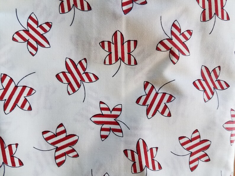 Vintage Red White Stripe Leaf Printed Cotton Fabric 2.6 yards image 3