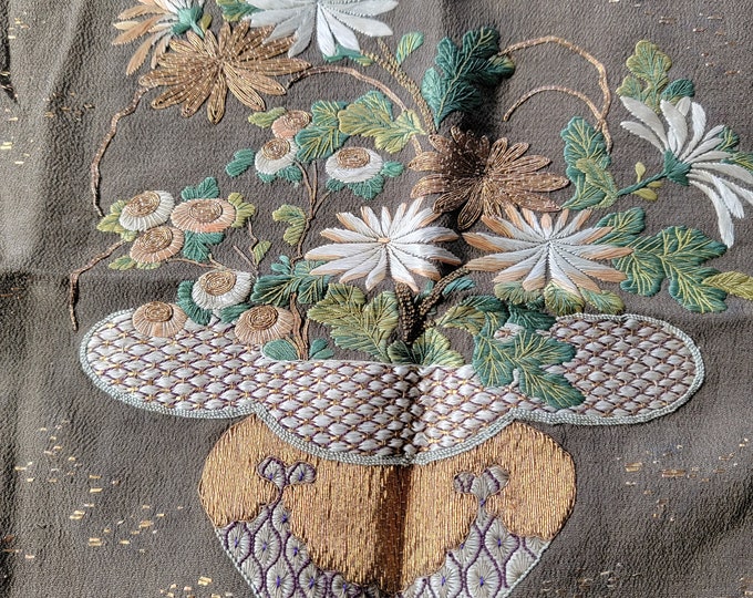 Vintage 1920's Hand Embroidered Silk Fabric Panel Floral Flowers ...