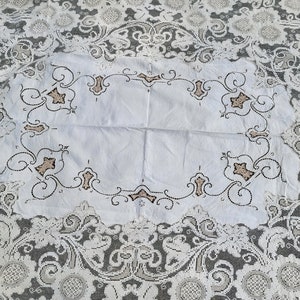Vintage Italian Hand Point de Venise Lace Hand Embroidered LINEN Tablecloth 64x82 Ornate Knotted Filet Lace