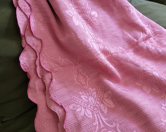 Vintage Pink Satin Damask Bedspread, Floral Rayon Brocade Blanket, Tulips 86x106