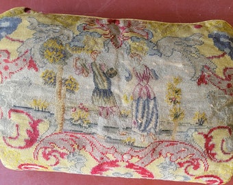 Antique French Needlepoint Pillow with Velvet Back, Figural Needlepoint 1840&#39;s