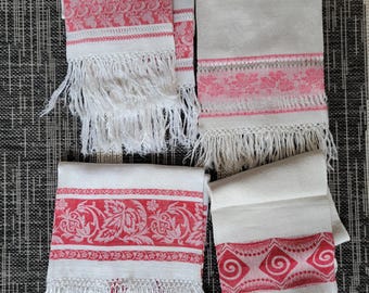 Antique Turkey Red Linen Damask Towel: Vintage Kitchen Tea Towel