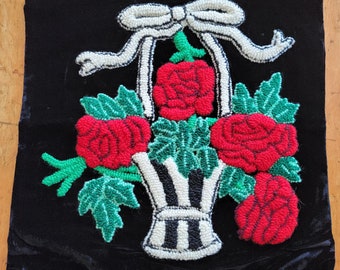 Vintage Punch Needle Pillow Sham, Basket of Red Roses, Punch Needle Embroidery on Black Velvet Pillow Cover 16" square