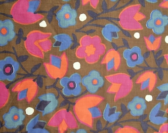 Vintage Floral Print Cotton Fabric- Tulips Orange Pink and Blue Flowers 4 yards