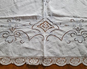 ヴィンテージイタリアンリネンテーブルクロス：手刺繍フィレレース