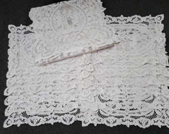 Antique Hand Point De Venise Lace Placemats Set of 12 & Runner, Figural Angels Cherbus, Hand needlelace