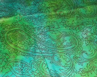 Vintage Metallic Gold Paisley Floral Print Fabric 44x54 Swirls of blue and green cotton fabric