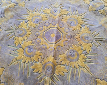 Vintage Arts and Crafts Sculpted Velvet Throw, Cotton Velvet, Purple Yellow Floral Fringed Cover