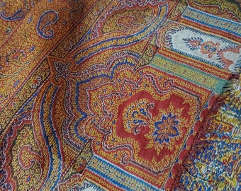 Antique Kashmir Paisley Victorian Handwoven Embroidered Shawl - tapestry coverlet 62x124