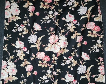 Antique French Cotton Fabric, Black with Pink Floral Print 2 yards c1910