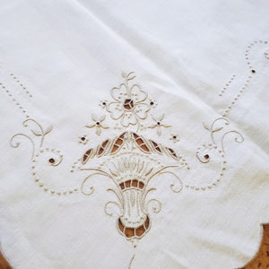 Vintage 1940's Linen Tablecloth Table Cover Topper Hand Embroidered Madeira Floral 34" square