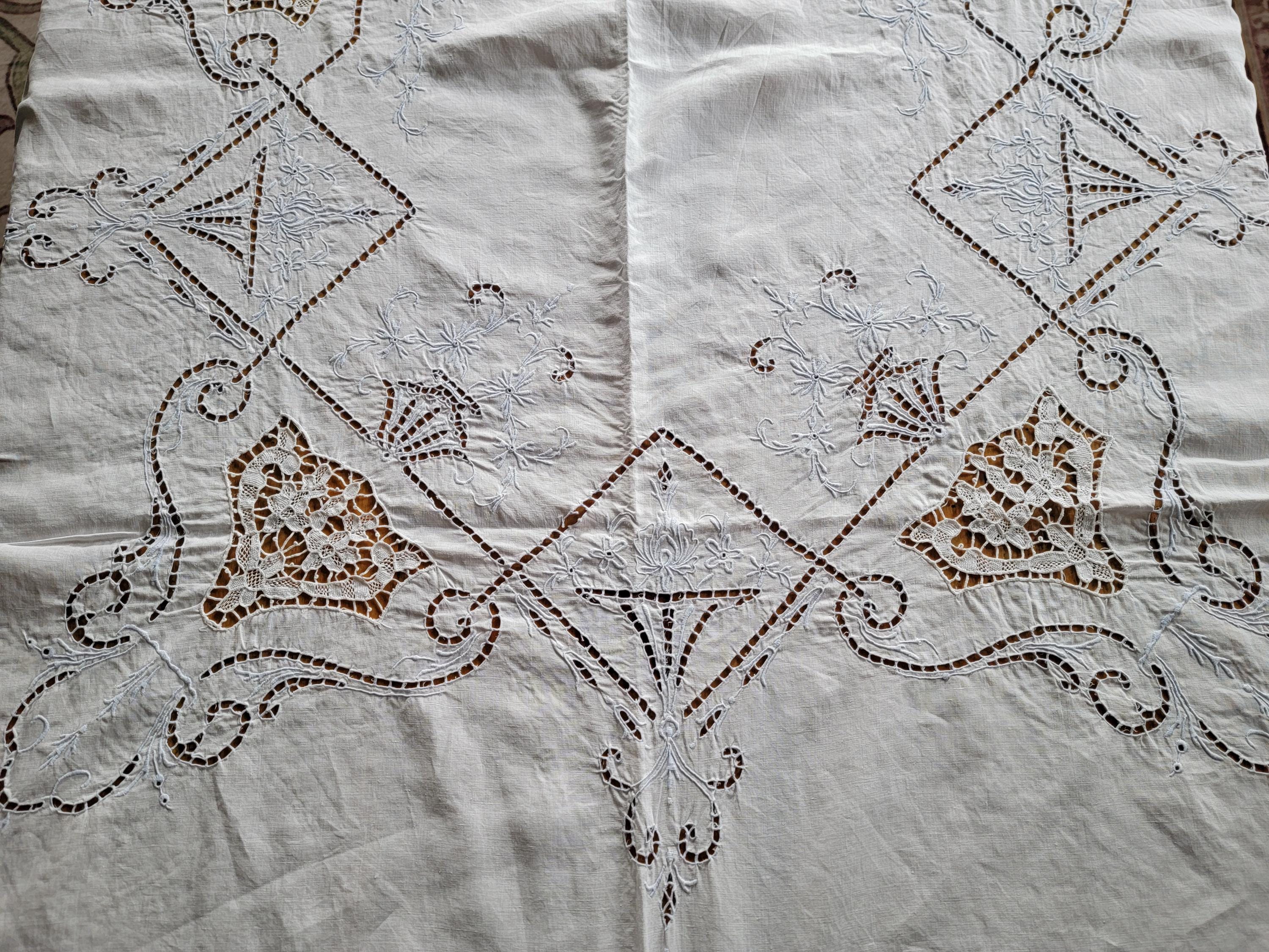 ヴィンテージイタリアンリネンテーブルクロス：手刺繍フィレレース