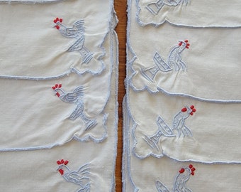 12 Vintage Rooster Cocktail Napkins Set Embroidered