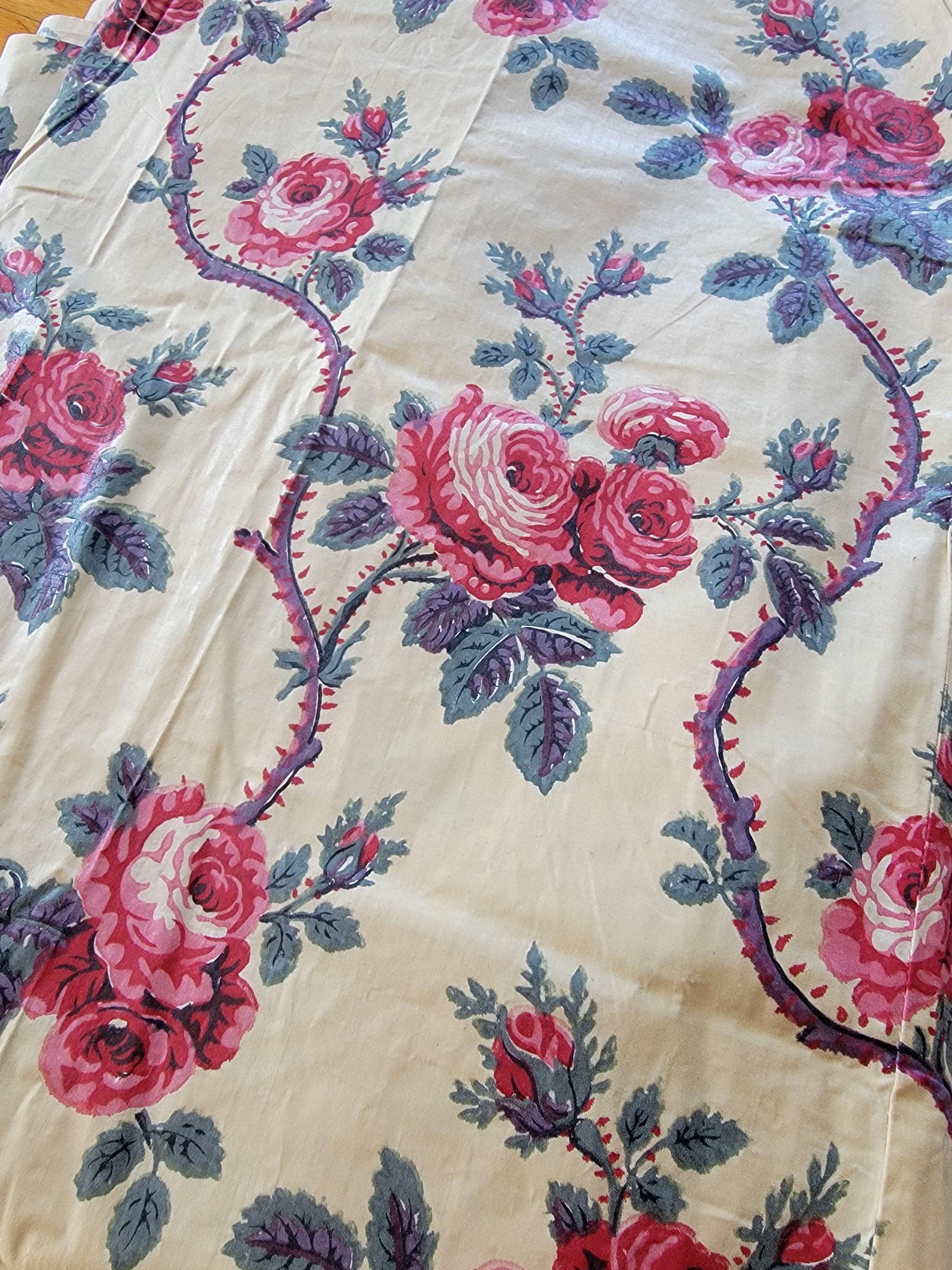 Antique French Chintz Fabric: Pink Roses, Thorny Vine Print