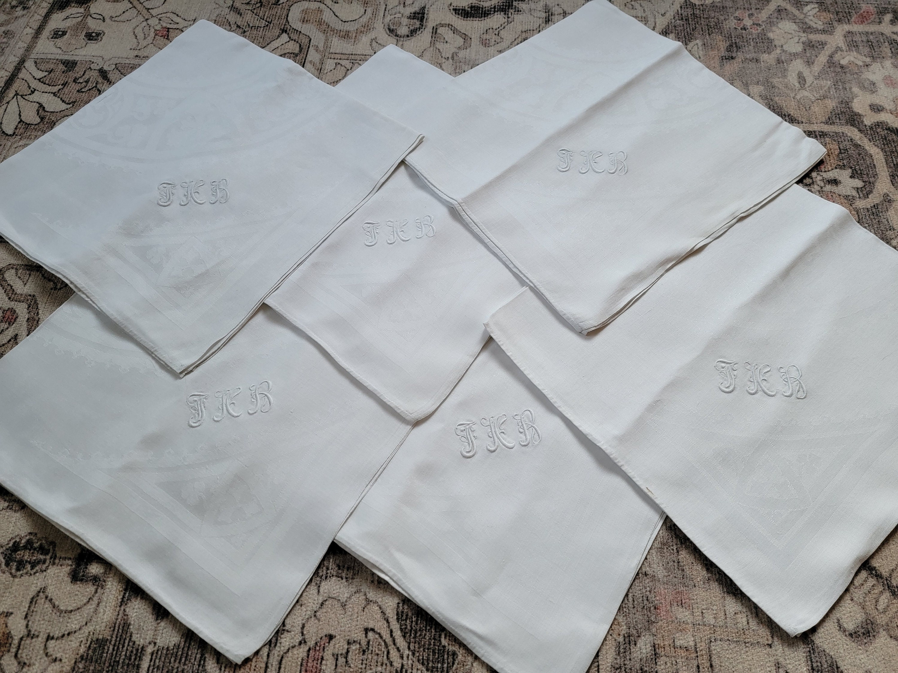 アンティークリネンダマスクナプキン：6枚セット、ハンドモノグラム