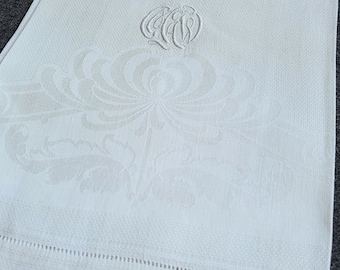 Vintage Irish Linen Damask Bath Towel: Triple Monogram M A W, Floral Design (26x42)