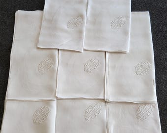 Antique Linen Damask Napkins/Lapkins - Hand Monogrammed E V R - Set of 8