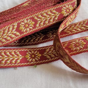 Vintage French Jacquard Ribbon Trim: Red & Gold Floral, 2.3 Yards