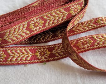 Vintage French Jacquard Ribbon Trim: Red & Gold Floral, 4 Yards