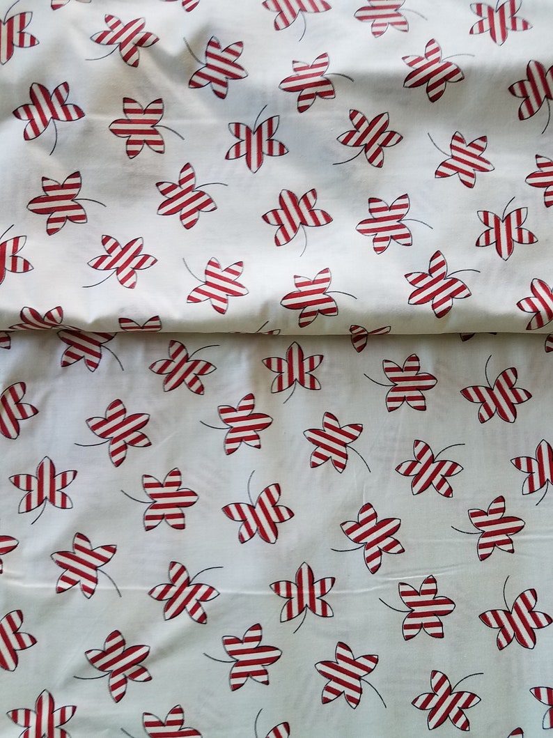 Vintage Red White Stripe Leaf Printed Cotton Fabric 2.6 yards image 5