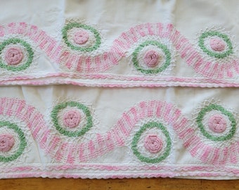 Vintage Crochet Floral Roses Lace Pillowcase PAIR Cotton Pillowcases Pink Flowers Green Leaves