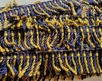 Vintage Fringed Tassel Trim-yellow gold navy blue indigo 12 yards Passementerie Upholstery