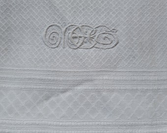 Lg Antique Vintage Irish Linen Damask Hand Towel  24x41 Bath Towel, Monogrammed