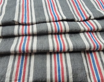 Antique French Heavy Ticking 2 yards Gray Red Blue Stripe