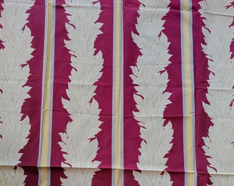 Vintage 1940's Leafy Frond Stripe Fabric Cotton Botanical 2.2 yards burgundy red yellow
