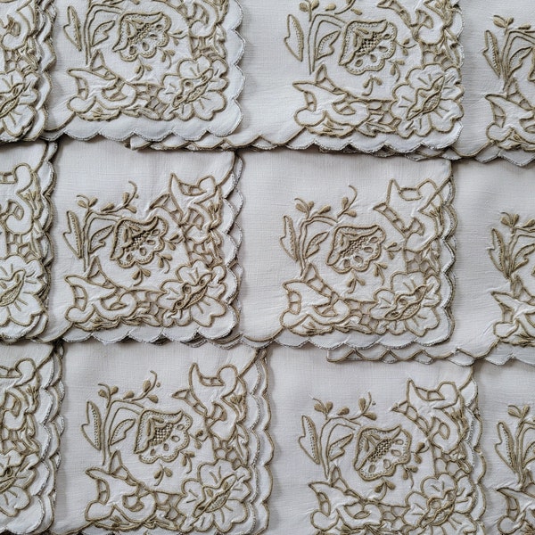 Vintage Hand Embroidered Madeira Linen Napkins Set of 12 Floral 17"