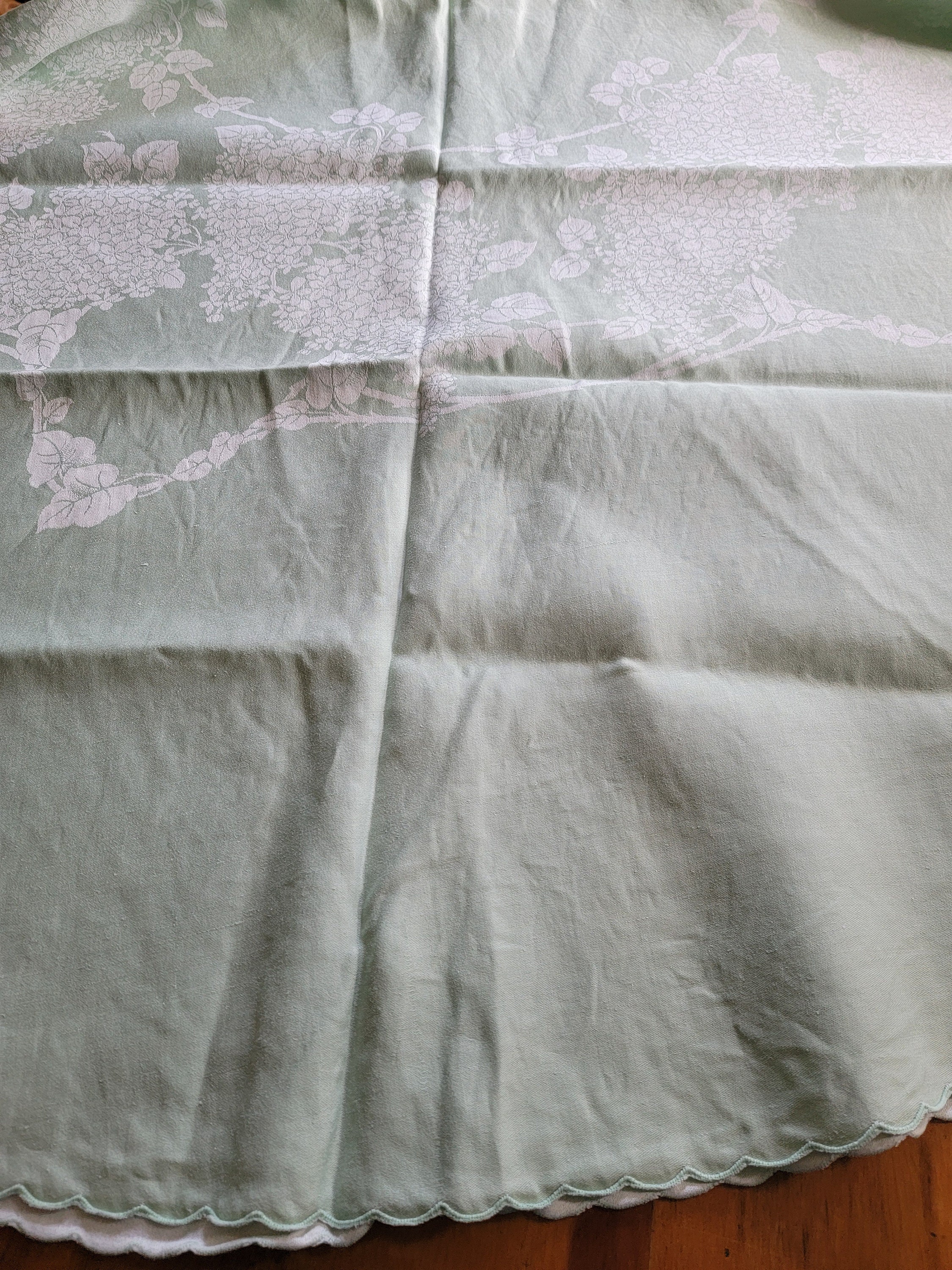 Vintage Green Damask Linen Tablecloth, Round Tablecloth, Lilacs Floral ...